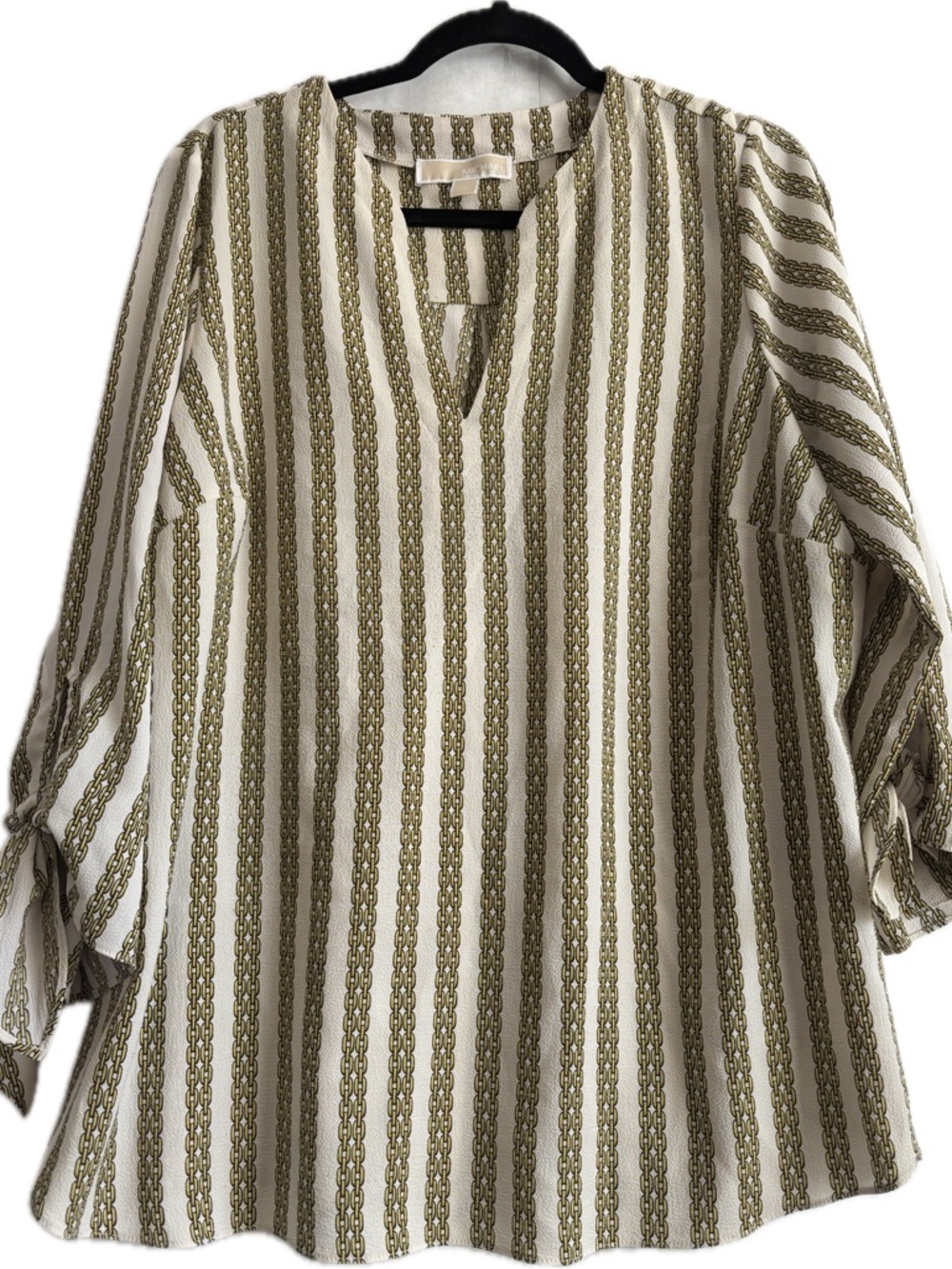 Michael Kors Olive & White Chain-Stripe Split-Neck Blouse